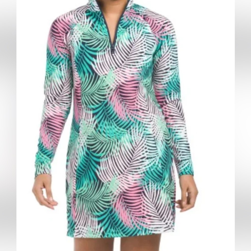 Tommy Bahama Golf Palm Leaf Zip Neck Ling Sleeve Dress medium athleisure